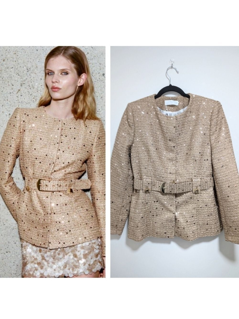 Zara | Sequin Belted Tweed Jacket In Gold